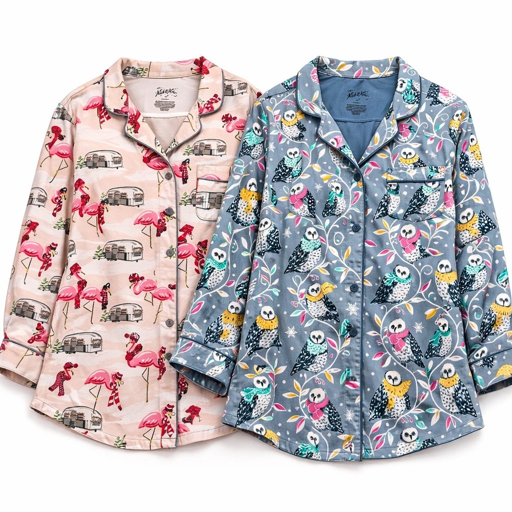 Nick & Nora Flannel Pajama Tops‎ Lot 2 Womens XL Owl RV Button Up Novelty